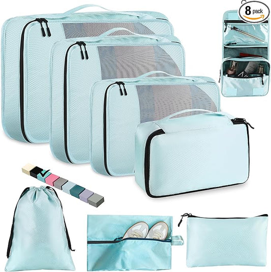 8-Piece Packing Cubes for Travel, Mesh Luggage Organizers with Shoe Bag, Toiletry Bag, Laundry Pouches, 4 Sizes (XL/L/M/S) for Suitcase Organization, Men Women Kids, Lake Blue