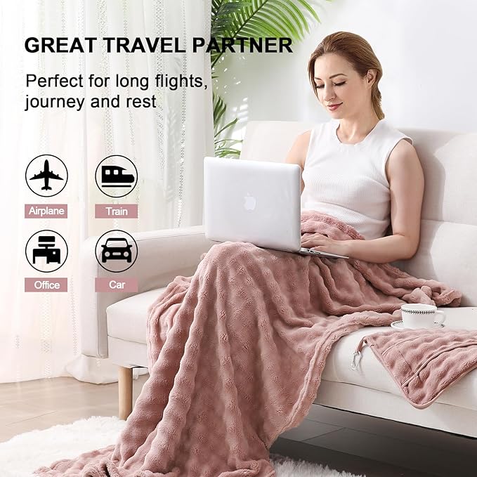 SOCHOW Travel Blanket for Airplane Train and Car, Soft Travel Blanket or Pillow 2 in 1 Compact with Portable Bag Pillowcase, Flight Blanket with Luggage Sleeve and Backpack Clip, Dusty Pink