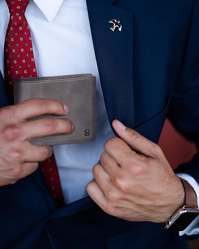 SERMAN BRANDS 2 ID Window Wallet for Men RFID Blocking Leather, Bifold Top Flip, Extra Capacity Travel Wallet