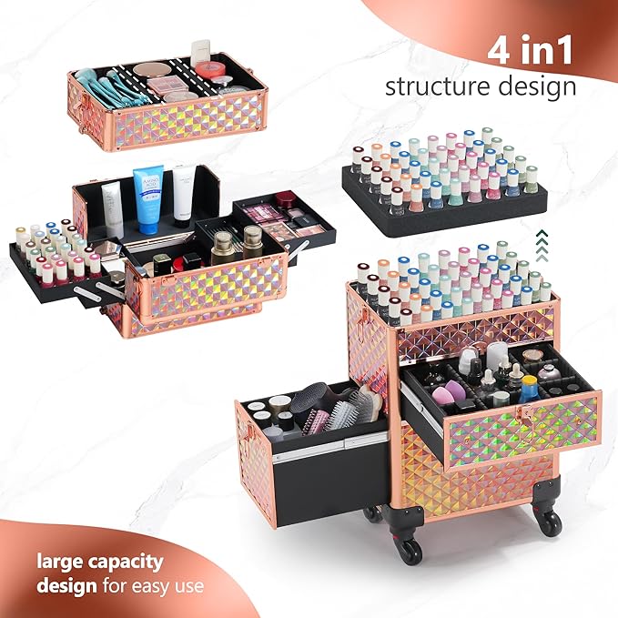 Makeup Train Case with Drawer, Rolling Makeup Case, Cosmetology Case on Wheels, Gift, Large Makeup Case Organizers, Professional for Salon Barber, Nail, Tattoo, Rose Gold