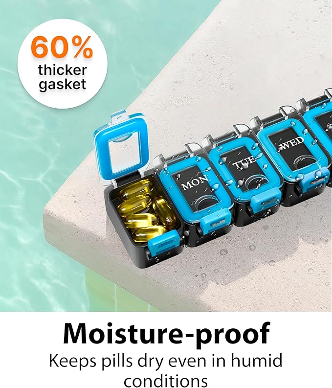 Large Weekly Pill Organizer 2 Times a Day – AM/PM Medicine Organizer with Thick Silicone Seal, Upgraded Secure Locks, Moisture-Proof Pill Box with Removable Rows for Travel, Fits Large Supplements
