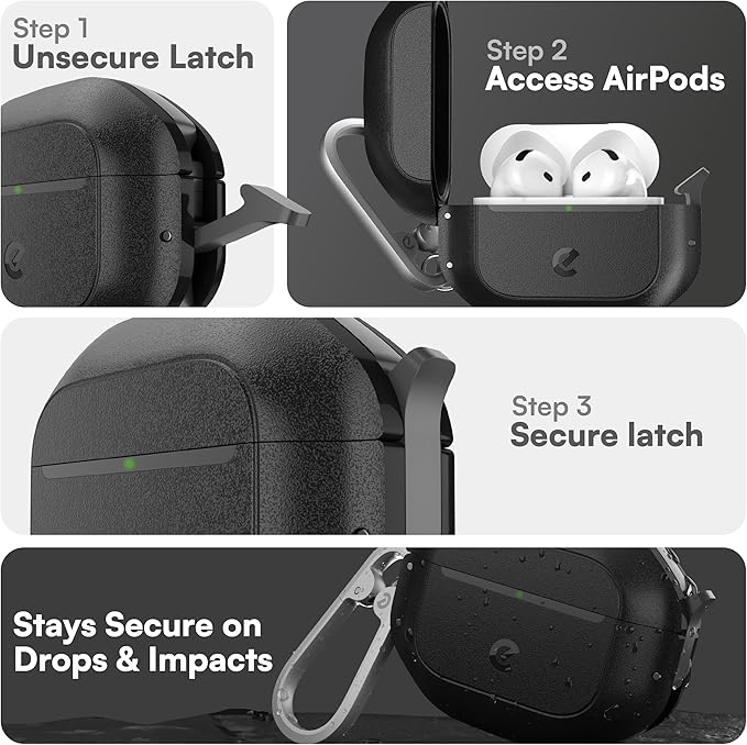 Keybudz for AirPods 4 Case with Lock - Fully Waterproof AirPods 4th Generation Case Cover - Keychain, Rugged Tough Protection, Hard Shell and Carabiner (Carbon Black)