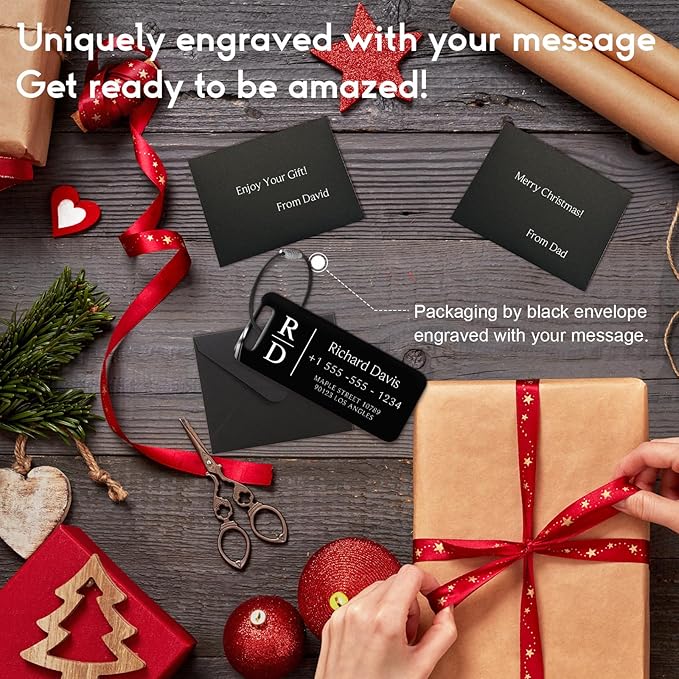 Personalized Luggage Tags for Suitcases 4 Pack - Stainless Steel Custom Luggage Tags for Backpacks & Bags, Sturdy, Waterproof & Heavy Duty (Black / 3" x 1.25")