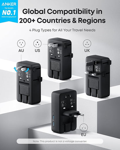 Anker Nano Travel Adapter, 5-Port Power Adapter with 1 AC, 2 USB-A, and 2 USB-C Ports, Smart Temperature Control, Compatible with Over 200 Countries, Ideal for Travel (1-Pack)