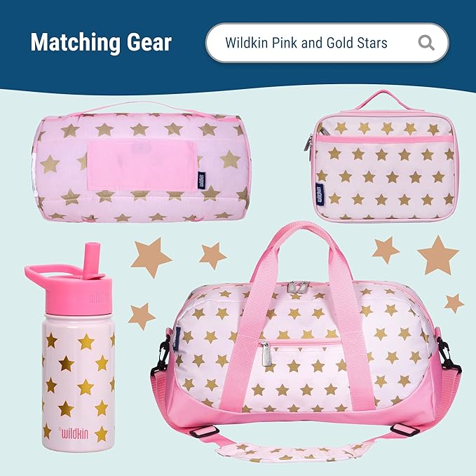 Wildkin 12-inch Kids Backpack – Padded, Adjustable, Ideal for Daycare & Travel - Pink and Gold Stars