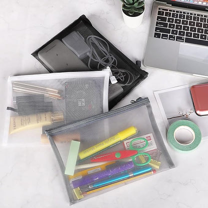 12 Pieces Zipper Nylon Mesh Pouch, Mesh Cosmetic Bags Makeup Bags Pencil Case, Multipurpose Travel Bags for Cosmetic School Office Supplies and Travel Accessories (Black,White,Grey, A5)