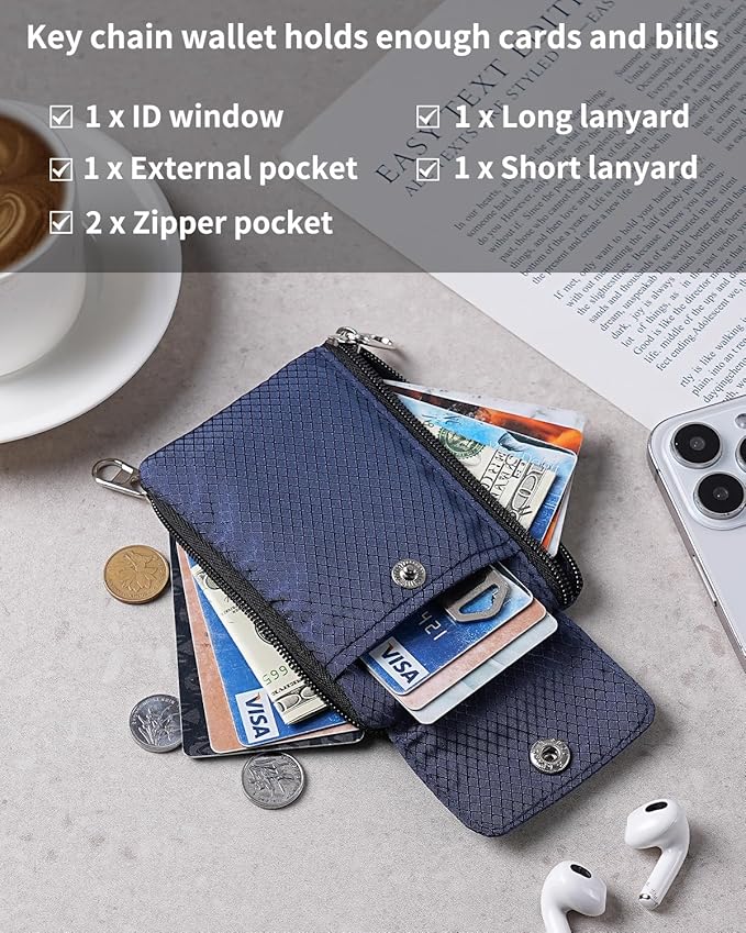 Minimalist Wallet For Mens Womens, Keychain RFID Blocking Zipper Small Wallet with ID Window 2 Lanyards,Water Resistant Travel Cash Card Coin Case Boys Girls