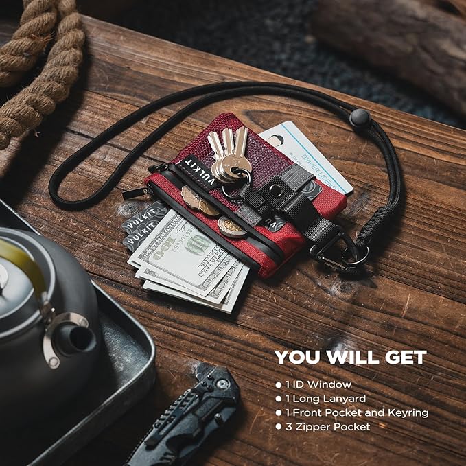 VULKIT Small RFID Wallet for Women & Men – Minimalist Zipper Wallet with ID Window, Keychain & Carabiner, Holds 15 Cards, Water Resistant Travel Lanyard Wallet Red