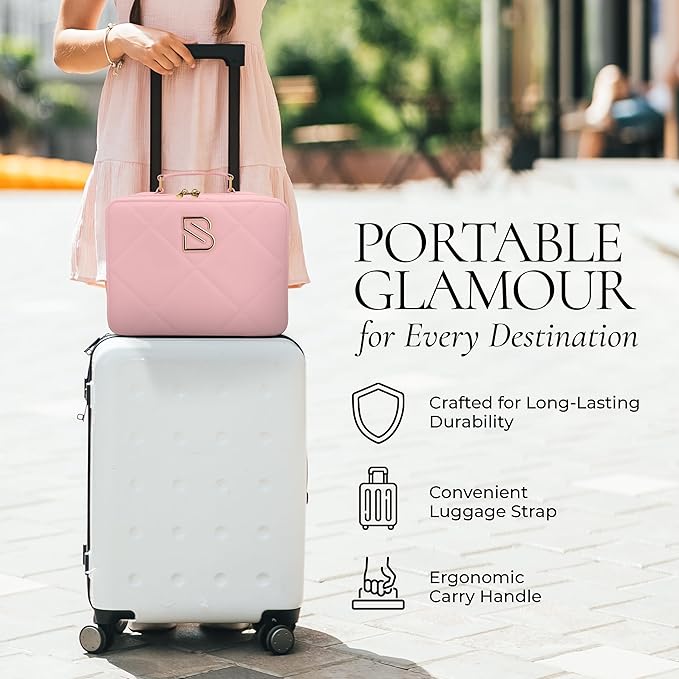 BAREZ Premium PU Leather Makeup Bag With LED Mirror - 3 Brightness Mirror Light Settings - Adjustable Dividers - Removable Mirror Waterproof Cosmetic Travel Bag - A Luxury Gift for Her (Pink)