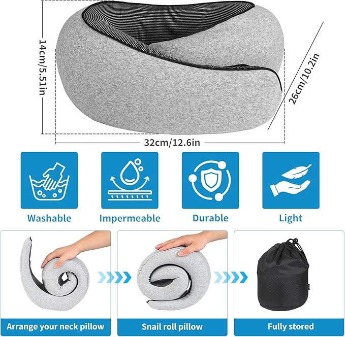 100% Memory Foam Neck Travel Pillow, Neck Pillow Airplane with Eye Mask & Ear Plugs, Ergonomic Portable Design, 360° Support Stowable Pillows Best for Travel Pillow for Plane, Car, Home, Work