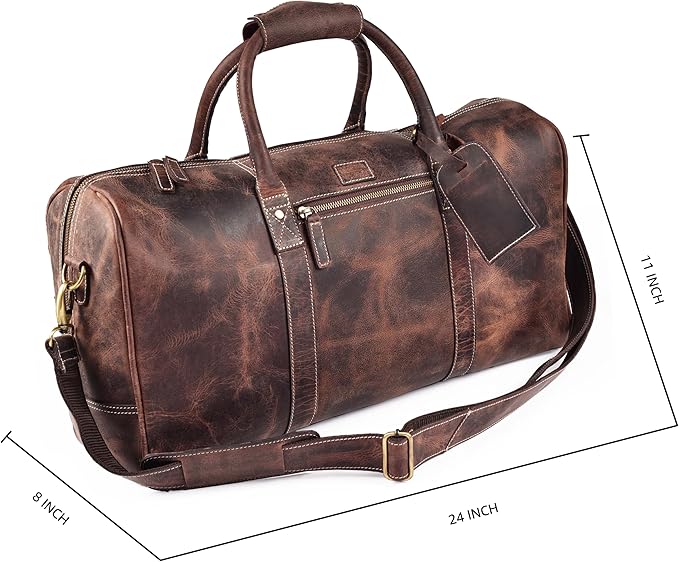Leather Village Premium Leather Duffel Bags for Men & Women-Stylish Travel Weekender Carry-On Sports Gym Overnight Luggage Bag - 24 Inch - Rustic Brown