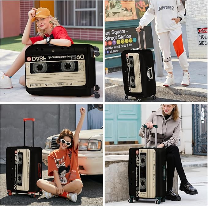ANNA QUEEN Retro Cassette Tape Luggage Cover, Vintage Music Design Suitcase Protector, Washable Stretchable Travel Sleeve for 24-26 Inch Luggage