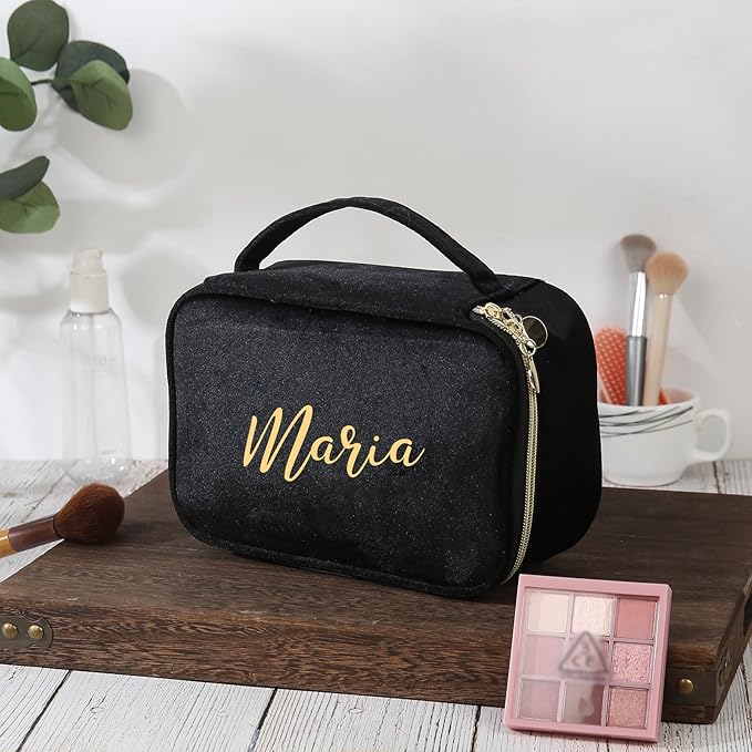 Personalized Name Makeup Bags - Monogrammed Gift for Women Girls Cosmetic Bag with Zipper Gift Ideal for Teen Girls Women Birthday Friend Mom (Black)