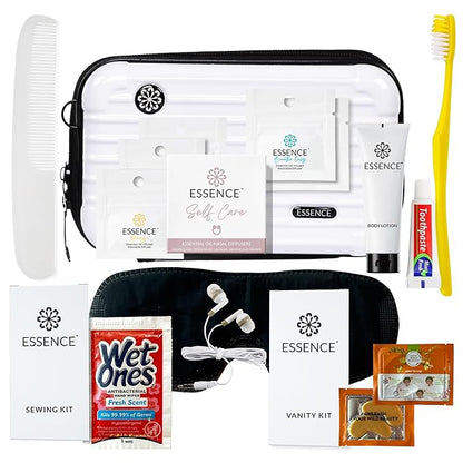 Essence Travel Amenity Kit - Compact Wellness Organizer with 5 Nasal Diffusers + 9 Traveler Comfort Essentials for Flights, Hotels & Adventures - Wearable Aromatherapy Self-Care On the Go