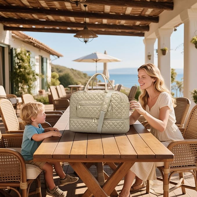 50L Large Travel Duffle Bag for Women, Weekender Overnight Bag W/Shoe Compartment+Wet Pocket+Toiletry Bag TSA Approved, Khaki