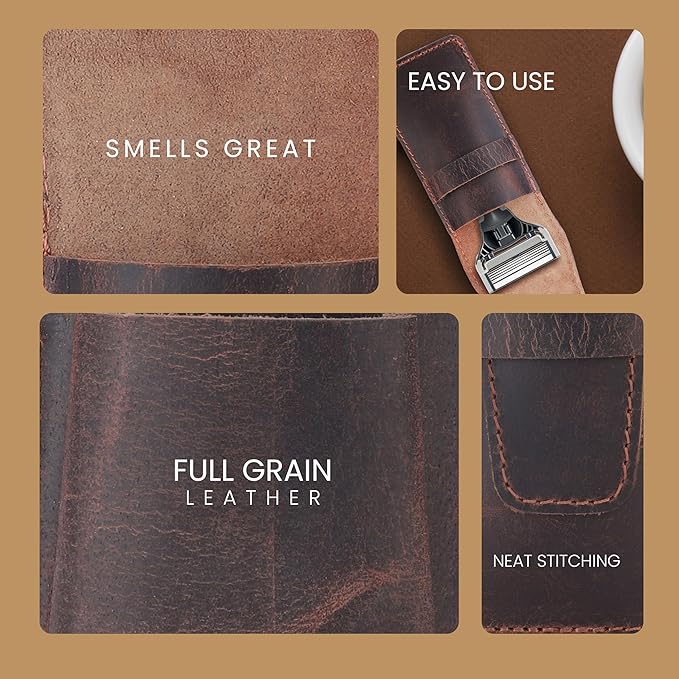 Leather Safety Razor Case Shaving Accessories Straight Safety Razor Holder for Double Edge Personal Care Essentials Handmade Shaver Case for Travel (Brown)