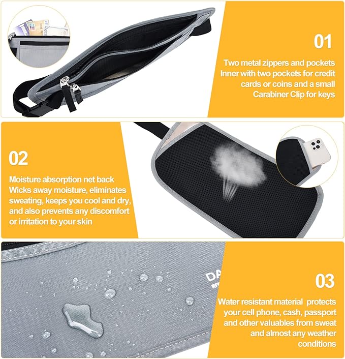 RFID Blocking Money Belt for Men Women, Slim Fanny Pack for Travel，Running,Conceal Waist Wallet for Passport Holder,Phone,Cash(Light Grey)