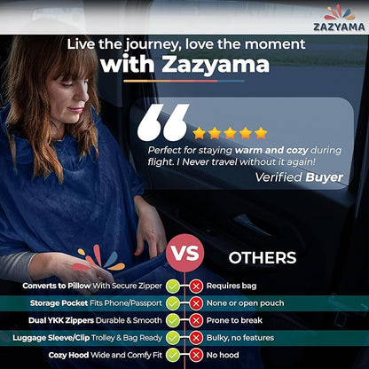 3-in-1 Travel Blanket Airplane – Compact with Bag & Pillow Combo Set, Navy Blue Ultra-Soft Fleece | Packable Blanket Compact | Hidden Pocket | Trolley Sleeve | Carabiner | Travel Essentials