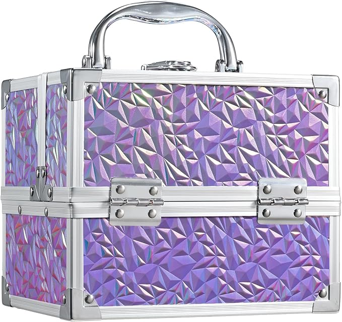 Costravio Makeup Box Organizer with Mirror, Makeup Case Train Case for Girls Women Kids Make up Box Makeup Case Organizer with Lock and Key Storage Vanity for Polishes Cosmetic Jewelry, Shiny Purple