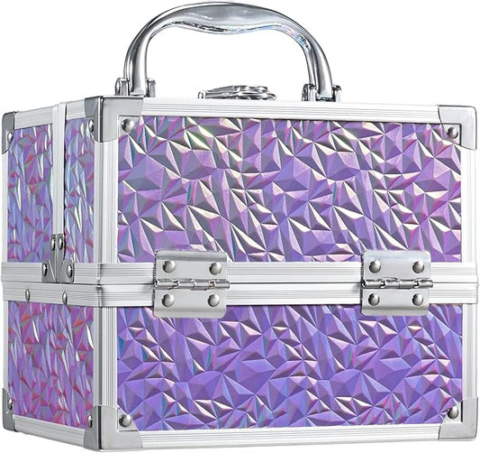 Costravio Makeup Box Organizer with Mirror, Makeup Case Train Case for Girls Women Kids Make up Box Makeup Case Organizer with Lock and Key Storage Vanity for Polishes Cosmetic Jewelry, Shiny Purple