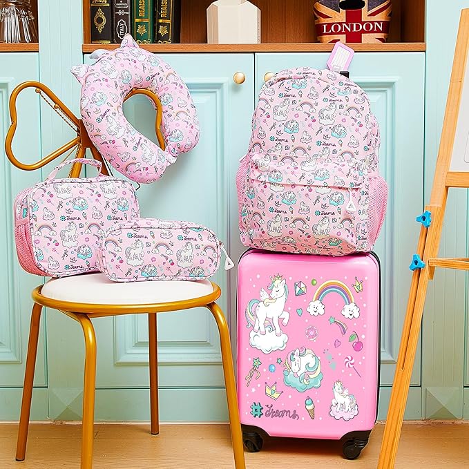 Redbaker 6 Pcs Kids Luggage Set 17 Inch Kids Rolling Luggage Double Pattern Suitcase for Girls Boys School Gift(Soft Pink,Unicorn)