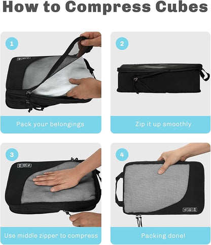 Hynes Eagle 6 Set/ 4 Set/ 2 Set Compression Packing Cubes Travel Essentials Lightweight Nylon Luggage Suitcase Organizer Bag Black 6PCS