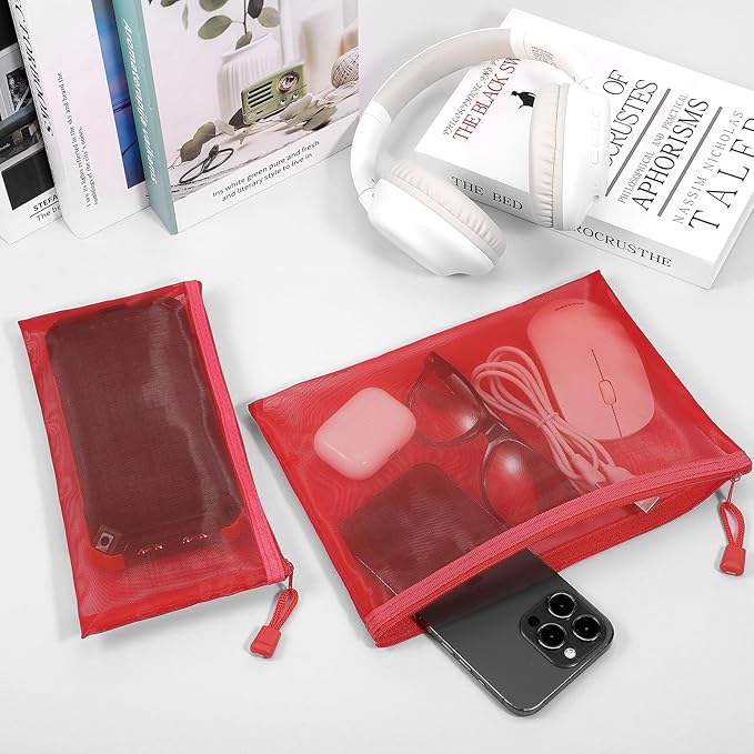 12 Pieces Zipper Nylon Mesh Pouch, Mesh Cosmetic Bags Makeup Bags Pencil Case, Multipurpose Travel Bags for Cosmetic School Office Supplies and Travel Accessories (Red, A5)