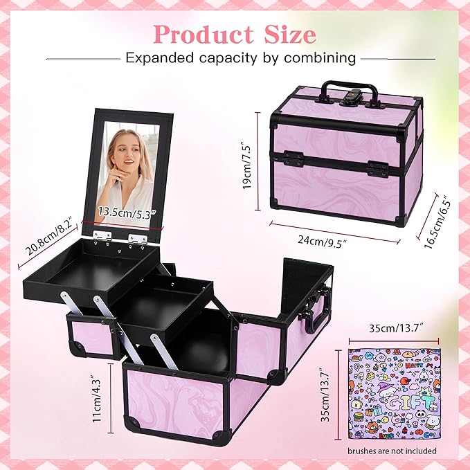 Makeup Train Case, Portable Makeup Case with Mirror, 2-Trays Cosmetic Organizer Case,Nail Polish Organizer, Travel Makeup Box, Profesional for Salon Barber, Pattern Black Pink