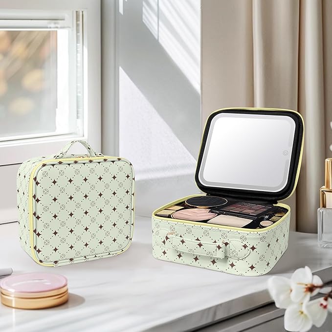 Travel Makeup Bag With 360° rotating LED Mirror,Waterproof cosmetic organizer,Portability Cosmetic case,Makeup organizer,Gift for Women,Girls Gift (Green+Yello)