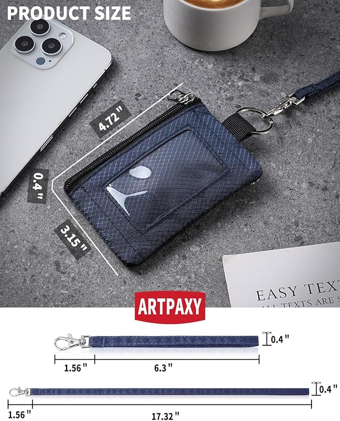 Minimalist Wallet For Mens Womens, Keychain RFID Blocking Zipper Small Wallet with ID Window 2 Lanyards,Water Resistant Travel Cash Card Coin Case Boys Girls