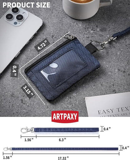 Minimalist Wallet For Mens Womens, Keychain RFID Blocking Zipper Small Wallet with ID Window 2 Lanyards,Water Resistant Travel Cash Card Coin Case Boys Girls
