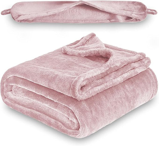 2 in 1 Travel Blanket, Soft Warm Blanket with Cozy Neck Pillow Case, Portable Blanket Set for Airplane, Camping, Car (Dusty Pink)