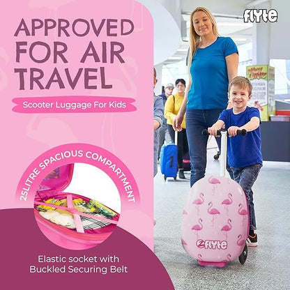 Flyte Fifi the Flamingo Scooter Suitcase - 2-in-1, 18 inch Ride on Suitcase for Kids, 25 Litre Capacity Kids' Luggage on Wheels for Boys and Girls Aged 4+, Rideable Carry on Children's Suitcases