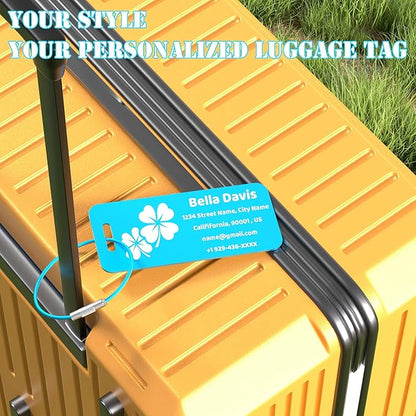 4 PCS Personalized Luggage Tags for Suitcases, Custom Aluminum Luggage Tags for Bags and Backpacks, Waterproof & Heavy Duty Personalized Metal Name Tags for Travel (Lake Blue)