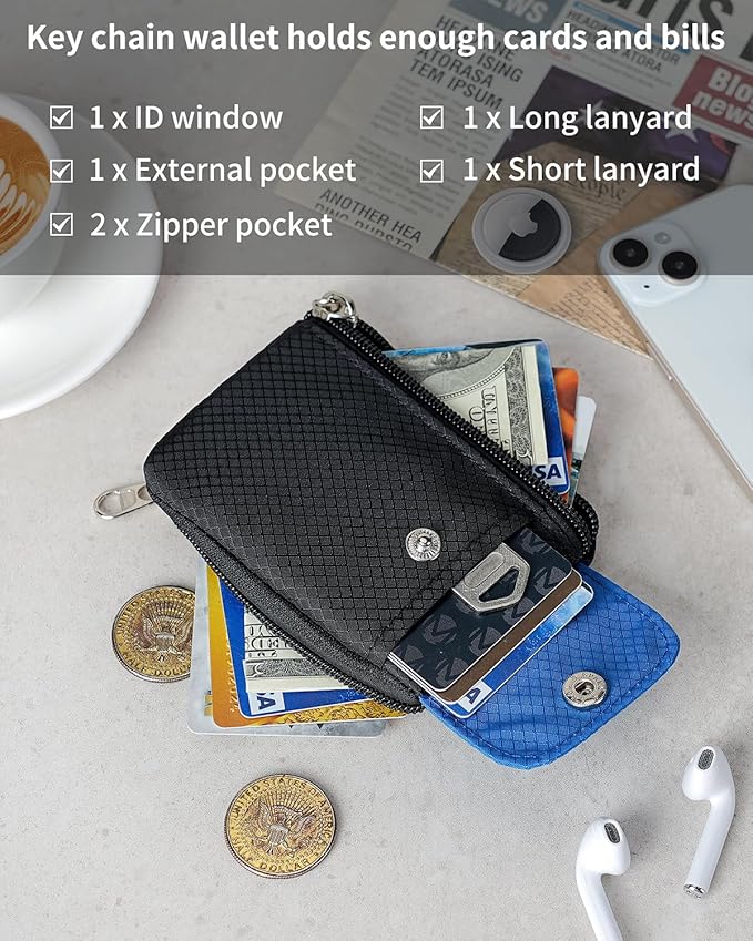 Minimalist Wallet For Mens Womens, Keychain RFID Blocking Zipper Small Wallet with ID Window 2 Lanyards,Water Resistant Travel Cash Card Coin Case Boys Girls