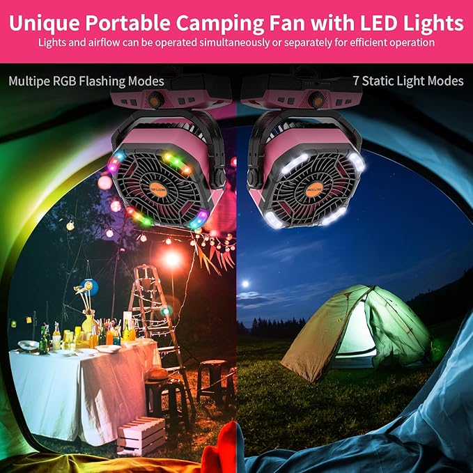 Camping Fan Oscillating Portable Fan 20000mAh Battery Powered Fans Rechargeable Camping Tent essentials Light Hook 270° Pivot USB Desk Outdoor Battery Operated X68 Pink