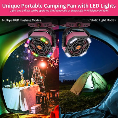 Camping Fan Oscillating Portable Fan 20000mAh Battery Powered Fans Rechargeable Camping Tent essentials Light Hook 270° Pivot USB Desk Outdoor Battery Operated X68 Pink