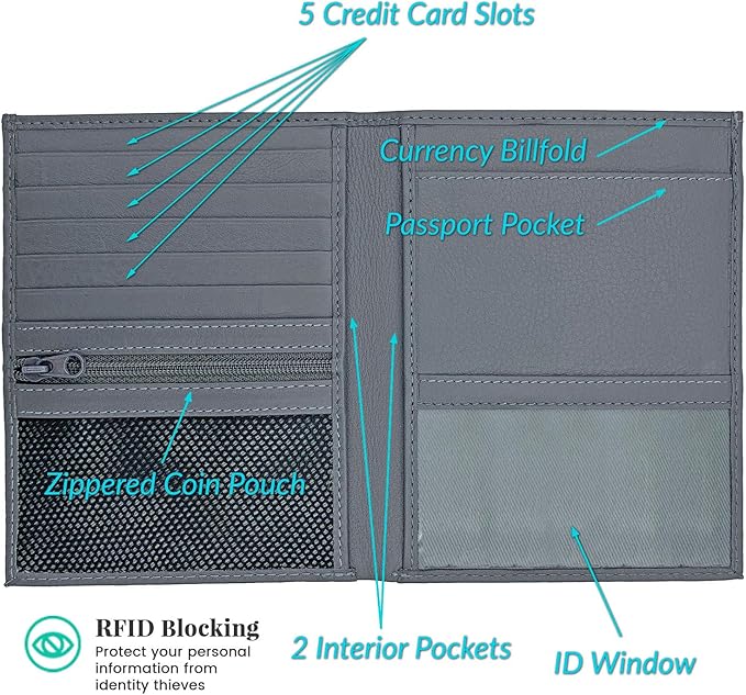 Grey RFID Genuine Leather Passport Wallet