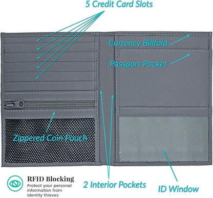 Grey RFID Genuine Leather Passport Wallet