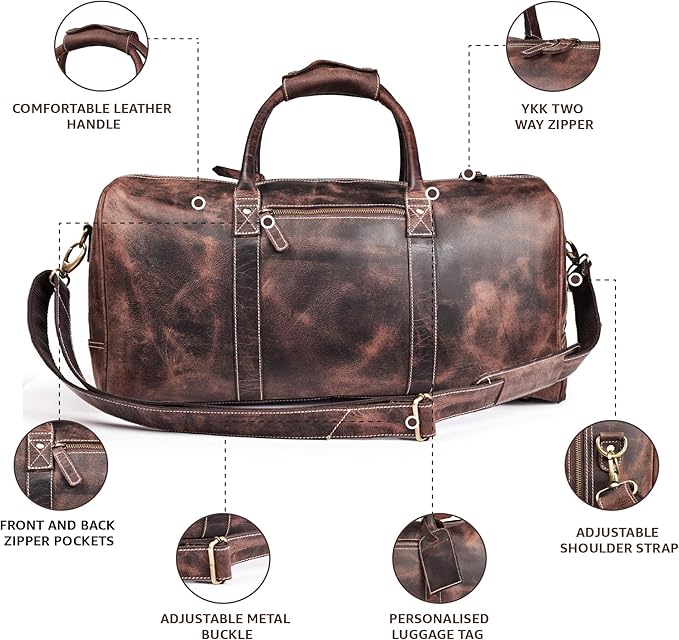 Leather Village Premium Leather Duffel Bags for Men & Women-Stylish Travel Weekender Carry-On Sports Gym Overnight Luggage Bag - 24 Inch - Rustic Brown