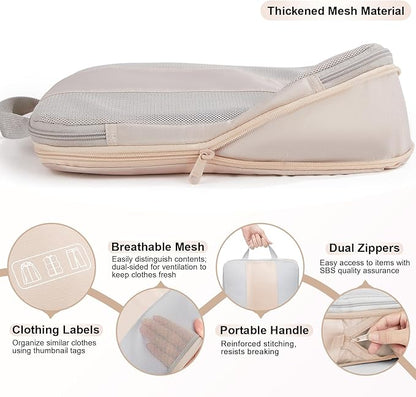 6 Set Compression Packing Cubes for Travel Essentials,Compressible Expandable Packing Cubes for Suitcase,OlarHike Luggage Organizer Bags for Travel,Handy Helper for Organizing Clothes(Beige)