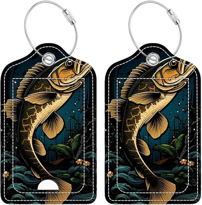 Funny PU Leather Luggage Tags 2-Pack Dark Largemouth Fish Cute Pattern Suitable for Suitcase Stainless Steel Loop and Address Card Essential for Cruise and Airport Travel for Men and Women