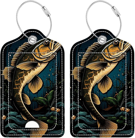 Funny PU Leather Luggage Tags 2-Pack Dark Largemouth Fish Cute Pattern Suitable for Suitcase Stainless Steel Loop and Address Card Essential for Cruise and Airport Travel for Men and Women