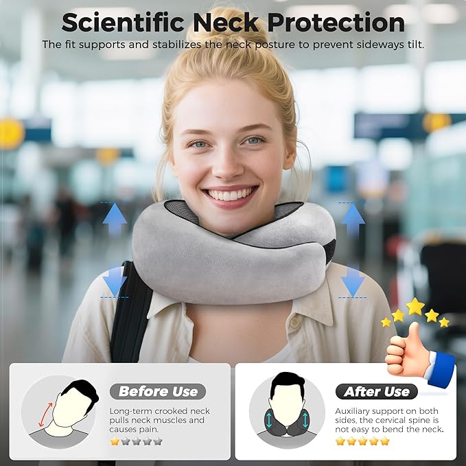 Neck Pillow for Traveling, Travel Pillows for Airplanes 2025 New 100% Pure Memory Foam, Neck Pillow Airplane with 360º Ergonomic Design, Travel Neck Pillows for Airplanes, Office and Car