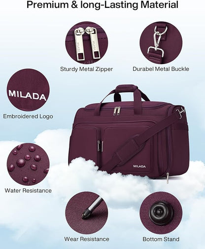 MILADA Carry On Luggage Bags for Travel Large Foldable Duffle Bag for Travel Lightweight Personal Bags for Airplanes Weekend Overnight Bags for Women Mens Travel Bag, Purple