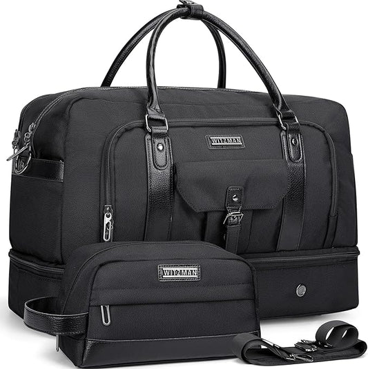 WITZMAN Weekender Bags for Men Women Carry On Duffle Overnight Bag with Toiletry Bag Sets Travel Duffel Bag Shoes Compartment （B694 Black）