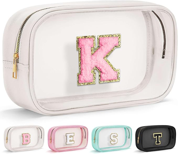 YOOLIFE Initial Birthday Gifts for Kids Travel Toiletry Bag Birthday Gifts for Girls Kids Clear Makeup Bag Preppy Cosmetic Bag for 3 4 5 6 7 8 9 10 11 12 13 Year Old Girls White K