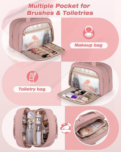 Travel Toiletry Bag for Women with Hanging Hook, Water Resistant Puffy Makeup Organizer with Leak Proof Pockets for Toiletries and Cosmetics - Dark Pink (Bag Only)