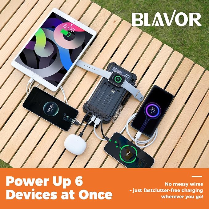 BLAVOR Solar Power Bank 20000mAh Built-in Cables, Wireless Charger for Apple Watch, 20W Fast Charging Battery Pack with USB C, Flashlight, Solar Charger for iPhone, iPad, iWatch, Samsung