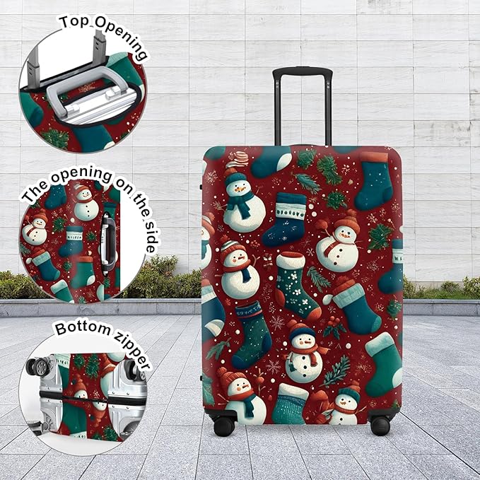 Christmas Luggage Cover - Allover Green Socks and White Snowmen Pattern on Dark Background, Stretchable Suitcase Protector for 32 34 Inch Travel Bags